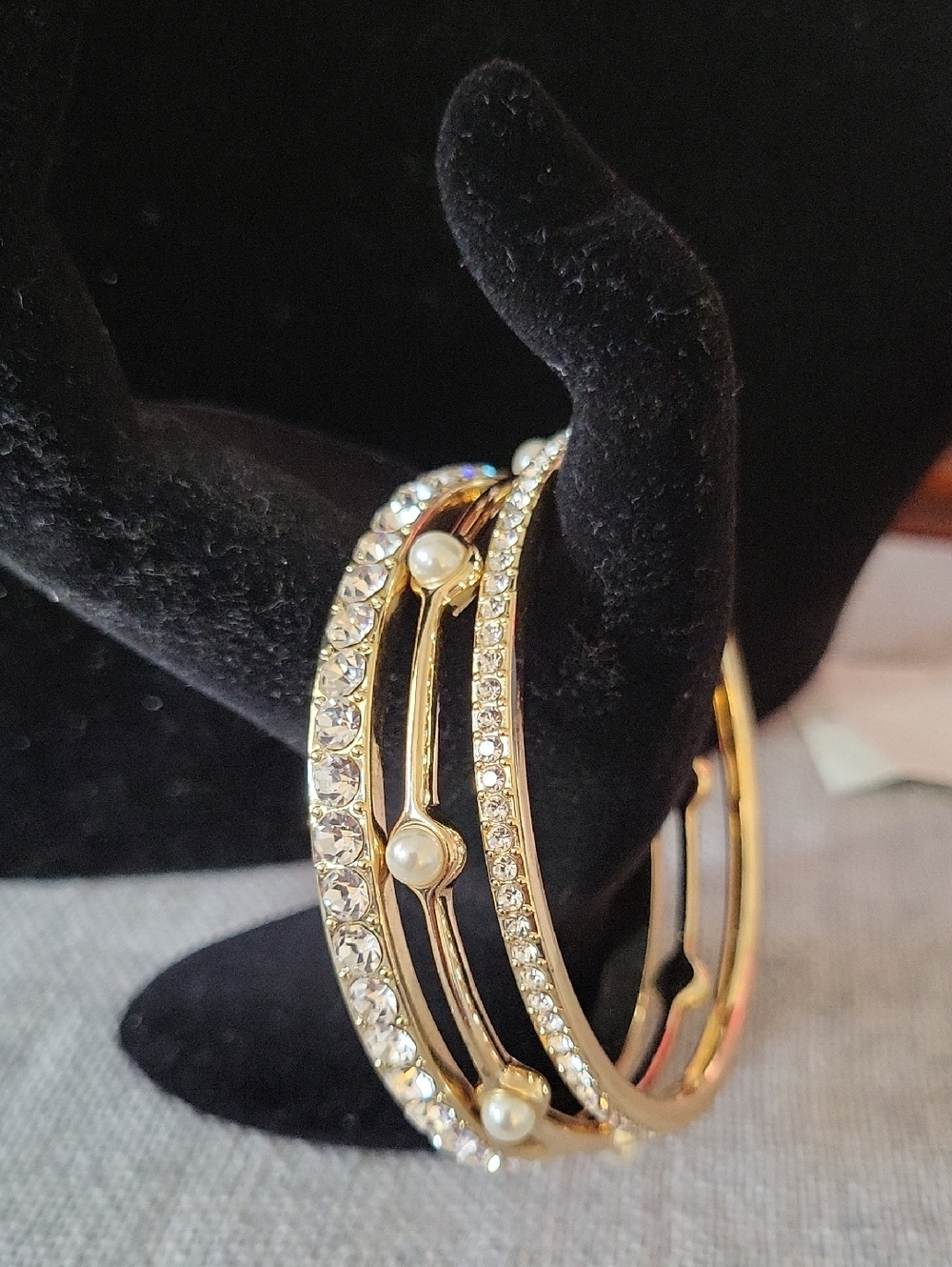 Set of Three Gold-toned Bangle Bracelets with CZs and Pearls